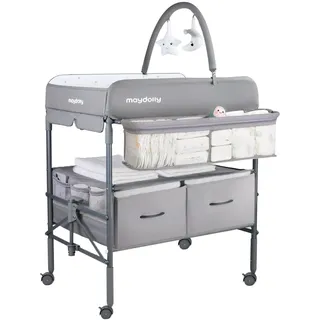 Maydolly Tragbarer Wickeltisch für Babys, Multifunktionaler Faltbarer Wickeltisch, Höhenverstellbar mit Rädern und 2 Aufbewahrungskörben, Wasserdichtes Sitzkissen zum Wickeln, Grau