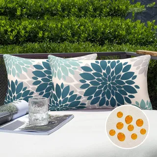 Serento Kissenbezug wasserdichte Kissenbezüge Blau 30x50 cm Sofakissen Frühling Sommer Dekokissen Moderne Boho Deko Kissenhülle Leinen wasserdichte Kissen ür Garten Terrasse Bed Büro 2er Set
