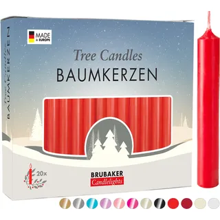 BRUBAKER Baumkerzen Wachs - Weihnachtskerzen für Weihnachtspyramiden und Schwibbögen - Pyramidenkerzen Christbaumkerzen, 20 Stück, Rot - Rot