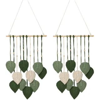BONJUME Wand Deko, 2PCS Wanddeko Handgemacht Wandteppich Boho Deko Gewebte Wandbehang Blatt Feder Wanddeko Mit Holzperlen Und 10 Grün Blätter Tapisserie Für Wohnzimmer Schlafzimmer-40 * 100cm