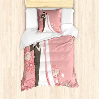 ABAKUHAUS Hochzeit Mantele, Braut-Bräutigam-Tanzen Blumen, Milbensicher Allergiker geeignet mit Kissenbezügen, 135 cm x 200 cm - 80 x 80 cm, Rosa-Schwarz-Weiß - Bunt