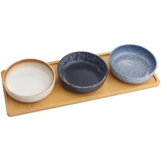 BouGPeng 3 Stück Keramik Dipschalen Sushi Sojasauce Dip Schälchen 9cm Mini Gewürzschale Keramik Dip Schalen Set mit Brett für Snacks Dessert Dips und Saucen Servierschalen Set