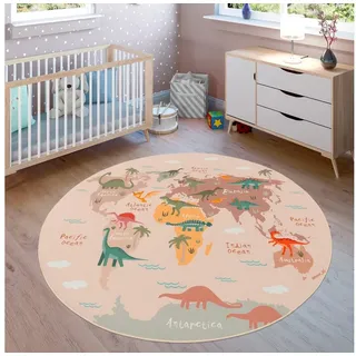 Paco Home Kinderteppich »Bino 583« rund 4 mm Höhe Spielteppich, Motiv Weltkarte & Dinosaurier, Kinderzimmer beige