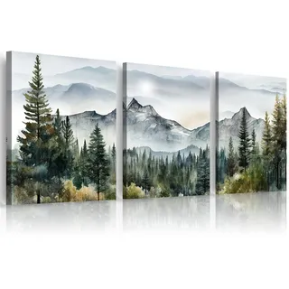 MHARTK66 Aquarell Wald Leinwand Bilder Set Schlafzimmer, 3-teilig Wandbilder Wohnzimmer Natur Landschaft Bild Aesthetic, Modern Wanddeko Kunstdruck Badezimmer Büro Esszimmer Küche
