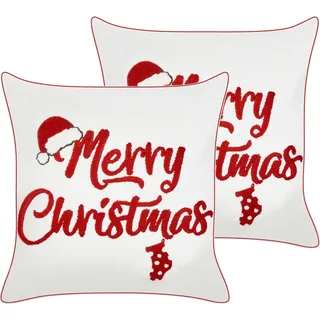 BELIANI Dekokissen 2er Set Cremeweiß u. Rot Baumwollbezug mit Füllung 45x45 cm Weihnachtsmotiv Beschriftet Bestickt Paspel Wohnzimmer Schlafzimmer - Weiß, Rot