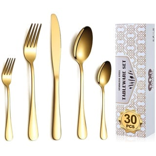 Merecho Besteckset für 6 Personen, Edelstahl Essbesteck Set 30 teilig, Besteckset mit Messer Gabel Löffel, Gold Besteck Set, Tafelbesteck Set, glänzend, Spülmaschinenfest