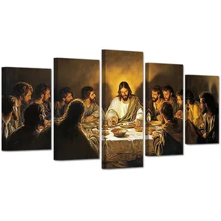 CXHOSTENT Wandkunst „Das letzte Abendmahl“ 5-teilig Jesus-Leinwanddruck christliche Bilder religiöse Malerei Druck Gott-Poster Wohnzimmer Dekor gerahmt (20x35cmx2 20x45cmx2 20x55cmx1)