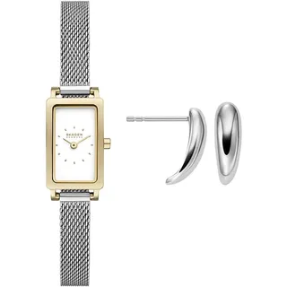 Skagen Damen Hagen Micro Silber-Ton Edelstahl-Uhr und Anja Pebbles Ohrringe, Set