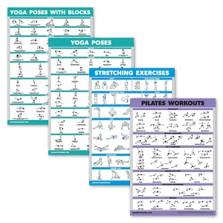 Palace Learning 4 Stück – Yoga-Block-Posen + Pilates-Übung + Yoga-Posen + Dehnungs-Poster – Set mit vier Fitness-Diagrammen (18 x 24, laminiert)