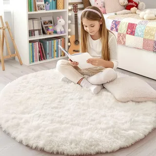smiry Flauschig Hochflor Teppich Wohnzimmer, Rund 120x120 cm, Creme