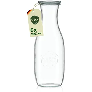 Weck Glaskaraffe 1000ml – 6er Set – Trinkflasche aus Glas mit Glasdeckeln zum Befüllen – als 1 Liter Wasserflasche, Glaskaraffe mit Deckel oder zum Einkochen & Verschenken