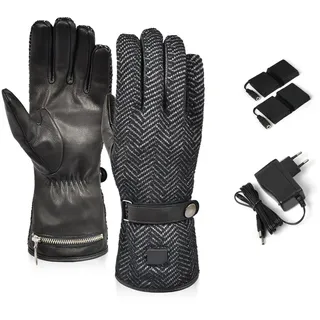 XOLARHEAT Hybrid-Heizhandschuhe aus Leder und Polyester – Warme Winterhandschuhe, 2 Heizstufen (4 Std./2,5 Std.) – Wiederaufladbare Batterien (7,4 V), Doppelladegerät – Schwarz Composite-XXS