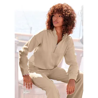 Sweatshirt H.I.S, Damen, Gr. 40/42, braun (nougat), Interlock, Obermaterial: 60% Baumwolle, 40% Polyester, unifarben, bequem normal, Rippbündchen, Sweatshirts Sweatshirt, Troyer im maritimen Stil, Loungewear