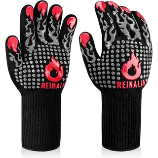 Reinalin Grillhandschuhe Hitzebeständig bis 800°C, Ofenhandschuhe Topfhandschuhe Feuerfeste Handschuhe BBQ Handschuhe Kochhandschuhe Backhandschuhe Backofenhandschuhe (S/M, Grau)