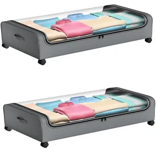 lomonmen 2 Stück Unterbettkommode mit Rollen,Aufbewahrungsbox mit Rollen 360° Drehung und Sichtfenster Deckel,Metallrahmen Unterbett,Unterbett-Aufbewahrungstasche Kleideraufbewahrung
