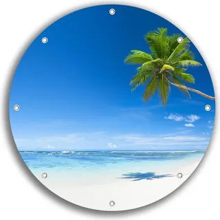 Wallario rundes Outdoor-Poster für Garten oder Balkon, Motiv Weißer Sandstrand am Meer - Ein Traum unter Palmen, 30 cm Durchmesser - Blau