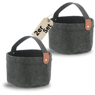 Bada Bing 2er Set Filzkorb rund anthrazit mit Henkel - tragbarer Organizer aus Filz Stoff mit Griff - Aufbewahrungskorb klein Ordnungskorb Faltkorb Korb Tasche Korbaufbewahrung fürs Regal Büro Bad
