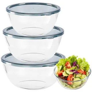 Tutamaz Glas Rührschüssel, Glasschüssel mit Deckel Rund 3 Stück Salatschüssel Glasschüssel Set (1050ml,2700ml,4400ml) BPA-frei für die Küche Lebensmitteln Kochen Backen Vorbereiten