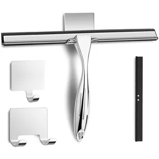 SSTOOHL 25CM Edelstahl Duschabzieher Mit Selbstklebe Haken & Ersatzklingen, Silber Abzieher Dusche, rutschfest Kurzer Handgriff Glaswischer, Glas Wasserschieber, Duschwand Abzieher, Badwischer