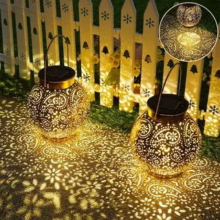 OUILA Solarlaterne für Außen, 2 Stück Solarlampen Balkon Deko, Outdoor IP65 Wasserdicht Gartendeko für Draußen, LED Vintage Laterne Hängend für Veranda, Garten Dekorationen Terrasse Rasen Hof G