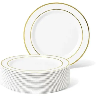 MATANA 25 Premium Weiße Plastik Dessertteller, Kleine Partyteller mit Goldrand, 19cm - Elegant, Stabil & Mehrweg - Hochzeiten, Geburtstage, Taufen, Weihnachten, Grillpartys, Partys