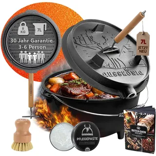 GUSSKÖNIG Premium Dutch Oven 7 Liter Set-2in1 Feuertopf Gusseisen mit Füßen | Eingebrannt, Thermometeröffnung, für 3-6 Personen, inkl. Deckelheber, Pflegepaste, Bürste, Rezeptbuch, 30J Garantie
