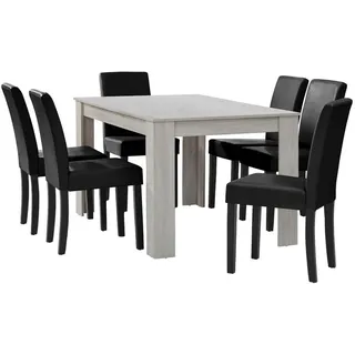 [en.casa] Esstisch Eiche weiß mit 6 Stühlen schwarz Kunstleder gepolstert 140x90 Essgruppe Esszimmer, - Schwarz