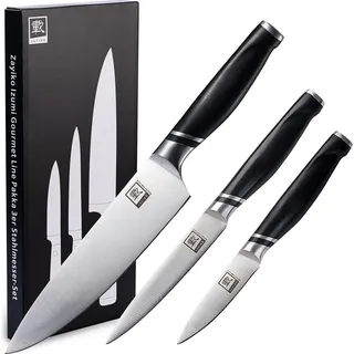 Zayiko 3er Messer-Set - Klingenlängen von 8,50 cm bis 20,00 cm I Scharfe Küchenmesser und Profi Kochmesser aus deutschem Stahl mit ABS Griff und Geschenkbox Serie Zayiko NAMI - Schwarz