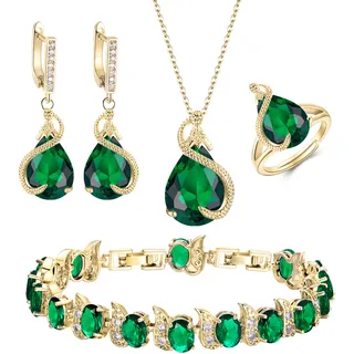 EVER FAITH 4 Stück Tropfen Cubic Zirconia Schmuck Set Glamour Anhänger Halskette Ohrringe Tennis Armband und Offener Ring für Damen Hochzeit Party Grün Gold-Ton