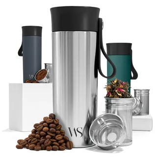 Thermobecher Kaffee To Go Kaffeebecher Edelstahl 360ml + Trageriemen & Tee-Infuser - Trinkbecher Cafe Tee Auslaufsicher BPA-frei | 6h Heiß 10h Kalt Vakuum-Isolierbecher Coffee Travel Mug Thermosbecher