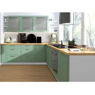 Feldmann-Wohnen Winkelküche Livorno blassgrün matt / weiß matt 11-teilig mit Vollauszug (Rejs Comfort Box) , Grün, Weiß , Metall , L-Form,Rechteckig , 240x207x266 cm , Küchen, Küchenzeilen & Küchenblöcke, Eckküchen, Eckküchen ohne Geräte