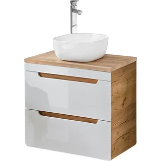 Waschtischset 60 cm mit 42 cm Keramik-Aufsatzbecken LUTON-56 in Hochglanz weiß mit Wotan Eiche Nb., B/H/T ca. 61/76,5/46 cm - Weiß