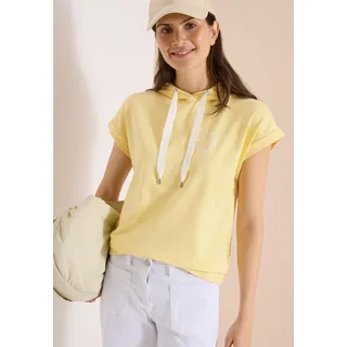 Sweater CECIL, Damen, Gr. XXL (46), buttermilk gelb, Sweatware, Obermaterial: 48% Baumwolle, 48% Modal, 4% Elasthan, bedruckt, unifarben, normal hüftbedeckend, Rundhals, Sweatshirts Sweater, Kurzarm Sweatshirt mit Hoodie und Printdetail