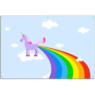 Wallario Outdoor-Poster für Garten oder Balkon, Motiv Einhorn mit Regenbogen aus dem Hintern, in ca. 61 x 91,50 cm - Blau
