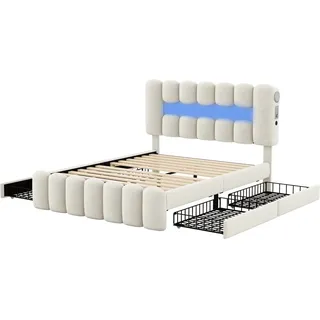 okwish Polsterbett 160x200 mit 4 Schubladen und LED-Lichtleiste mit USB und Stereoanlage ohne Matratze