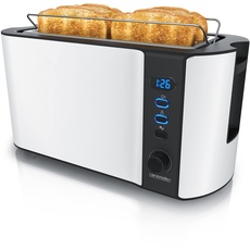 Arendo - Edelstahl Toaster Langschlitz 4 Scheiben, Defrost Funktion, Wärmeisolierendes Gehäuse mit integriertem Brötchenaufsatz - 1500W - Krümelschublade, Display mit Restzeitanzeige - weiß matt