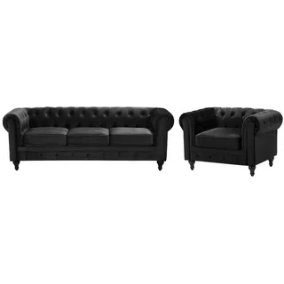 Beliani 4-Sitzer Sofa SET Samtstoff Schwarz Chesterfield , Textil , 201x70x75 cm , Wohnzimmer, Sofas & Couches, Sitzgarnituren