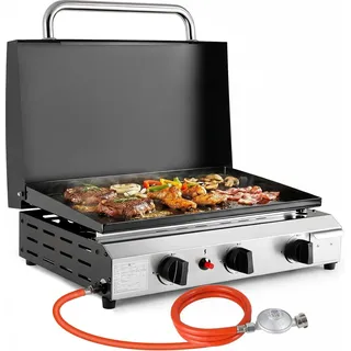 Plancha Gasgrill - 3 Brenner - Mit Deckel - Erdgas - Piezozündung - Edelstahl, porzellanemailliert - 7,2 kW (24.566 BTU) - Weiß