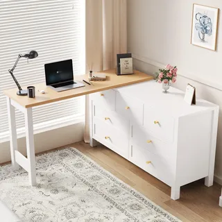 Flieks Schreibtisch mit Kommode, Arbeitstisch Eckschreibtisch mit 360° drehbare Tischplatte, Sideboard mit 7 Schubladen, 120x40x70cm, Weiß - Weiß
