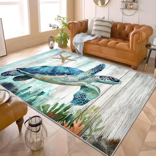 PaxGloz Küsten Deko - Teppiche Wohnzimmer Schlafzimmer Meeresschildkröte, Großer Teppich Blau Maritimer, Weich Kurzflor & Waschbar & rutschfest Wohnzimmerteppich, Kinderteppich, 120x180 cm