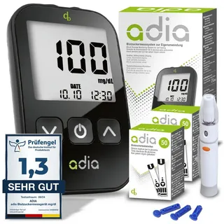 diabetikerbedarf adia Blutzuckermessgerät (mg) mit 110 Blutzuckerteststreifen, 10 Lanzetten, 1 Stechhilfe, 1 Etui,