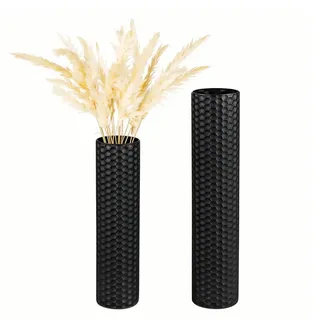 2pcs Boden Vase Metall Schwarz Hoch Große EylKoi Zylinder Vasen Extra Große Moderne Ecke Vasen Giant Stand Up Long Honeycomb Textur für Indoor Office Home Decor Wohnzimmer, H: 55 +70cm