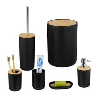 Relaxdays 6-Tlg.badezimmer-Set , Multicolor , Kunststoff, Holz , 19.5x27x19.5 cm , Badaccessoires