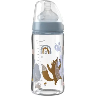 Nip – Weithalsflasche Glas | 240ml | Babyflasche mit weichem Silikontrinksauger und Ventil für optimalen Lufteinstrom. Babyflasche aus bruchfestem Glas | Sauglochgröße S, Boy