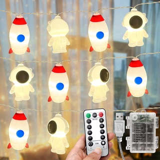 AceList 3M 20 LED Lichterkette Kinderzimmer Jungen Astronaut Raketen warmweiße, 8 Modi mit Timer, USB und batteriebetriebene Lichterkette Innen für Raumdekoration, Geburtstagsfeier und Weihnachtsdekor