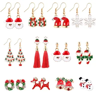 TUPARKA 12 Paar Weihnachtsohrringe Weihnachtsohrstecker Weihnachtsgeschenke mit Weihnachtsmann Schneemann Schneeflocke Rentier Weihnachtsbäume für Frauen Mädchen