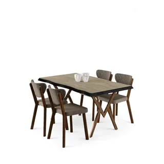 Hanah Home Modernes 5-teiliges Esszimmer-Set mit Tisch und Stühlen, MDF mit Metallbeinen, Cappuccino & Travertin, stilvolles skandinavisches Design