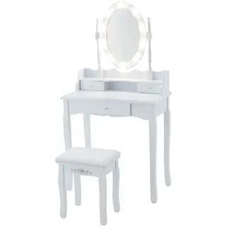 COSTWAY Schminktisch mit Hocker, 360° drehbarem Spiegel, 10 dimmbaren LED-Birnen & abnehmbarer Oberteil, Frisiertisch, Kosmetiktisch 75x40x146cm Weiß - Weiß