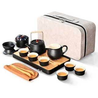 fanquare Schwarz Chinesischer Teeservice Porzellan Kung Fu Tee Sets für Erwachsene 13 Stück Traditionelles Reise Tee Set mit Teekanne Tablett Reisetasche Japanischer Tee Service für Geschenke