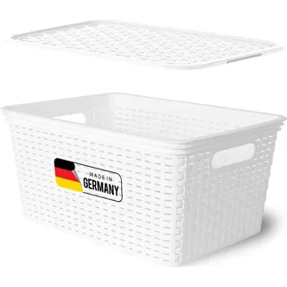Novaliv Aufbewahrungsbox mit Deckel Groß 14L Korb Weiß in Rattan Design Lebensmittelecht Aufbewahrungskorb Stapelbox Nestbar Kunststoff BPA-frei Kiste Verstaubbox mit Deckel - Weiß
